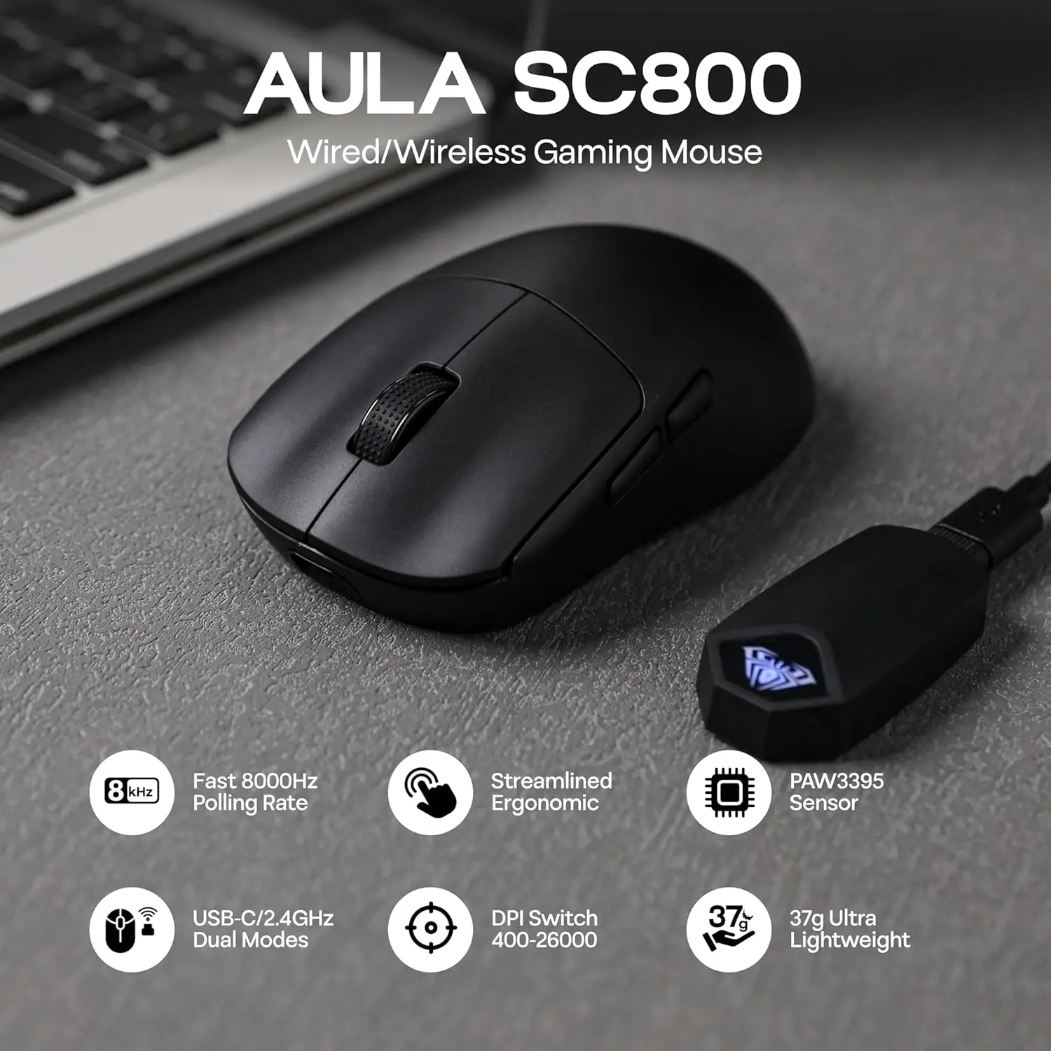 Esports Gaming Mouse Wireless - AULA SC800 Gaming Mouse USB-C Wired/2.4G